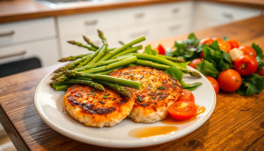 Salmon patties served with side dishes